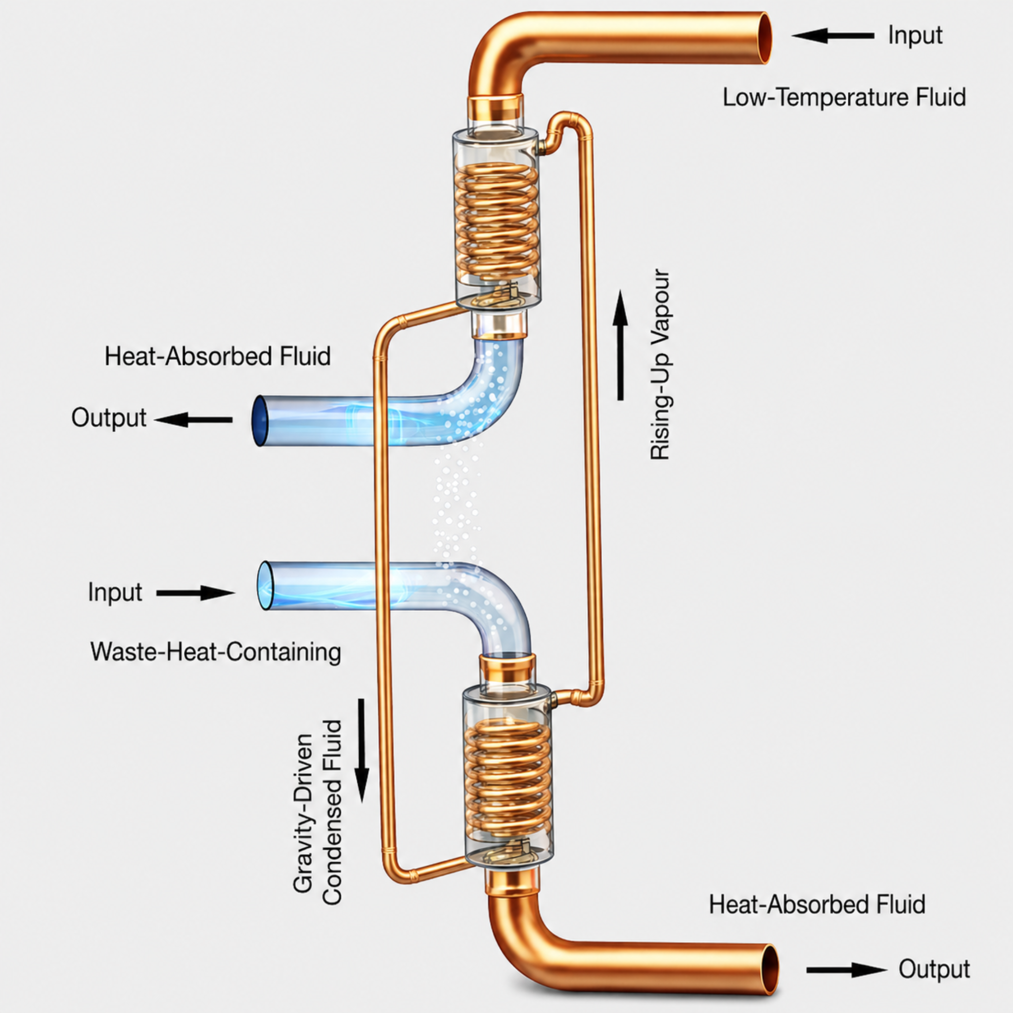 Loop thermosiphon heat transfer configuration with vapour and condensate return paths