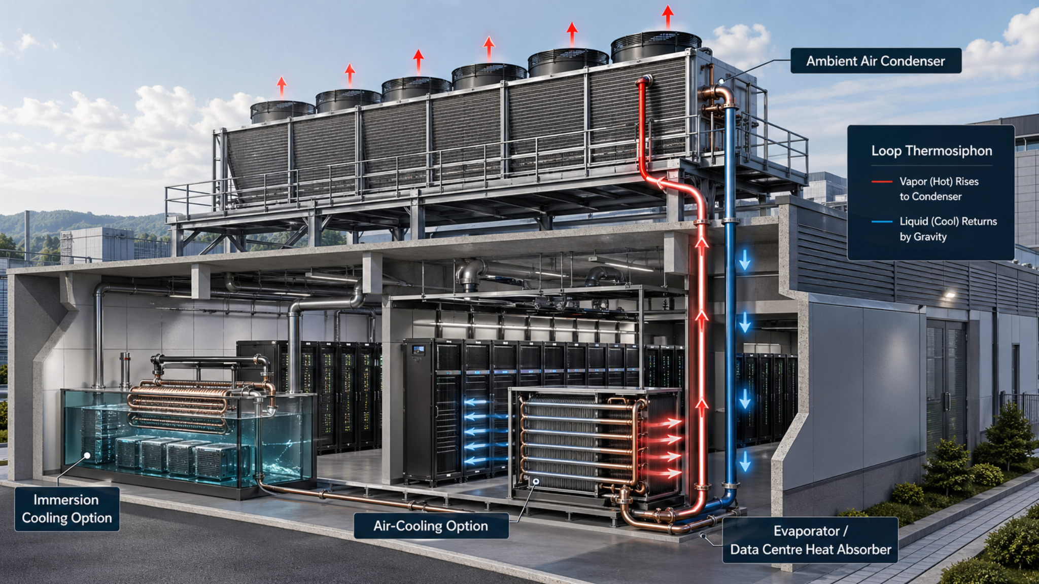 Loop thermosiphon data center cooling and heat recovery application