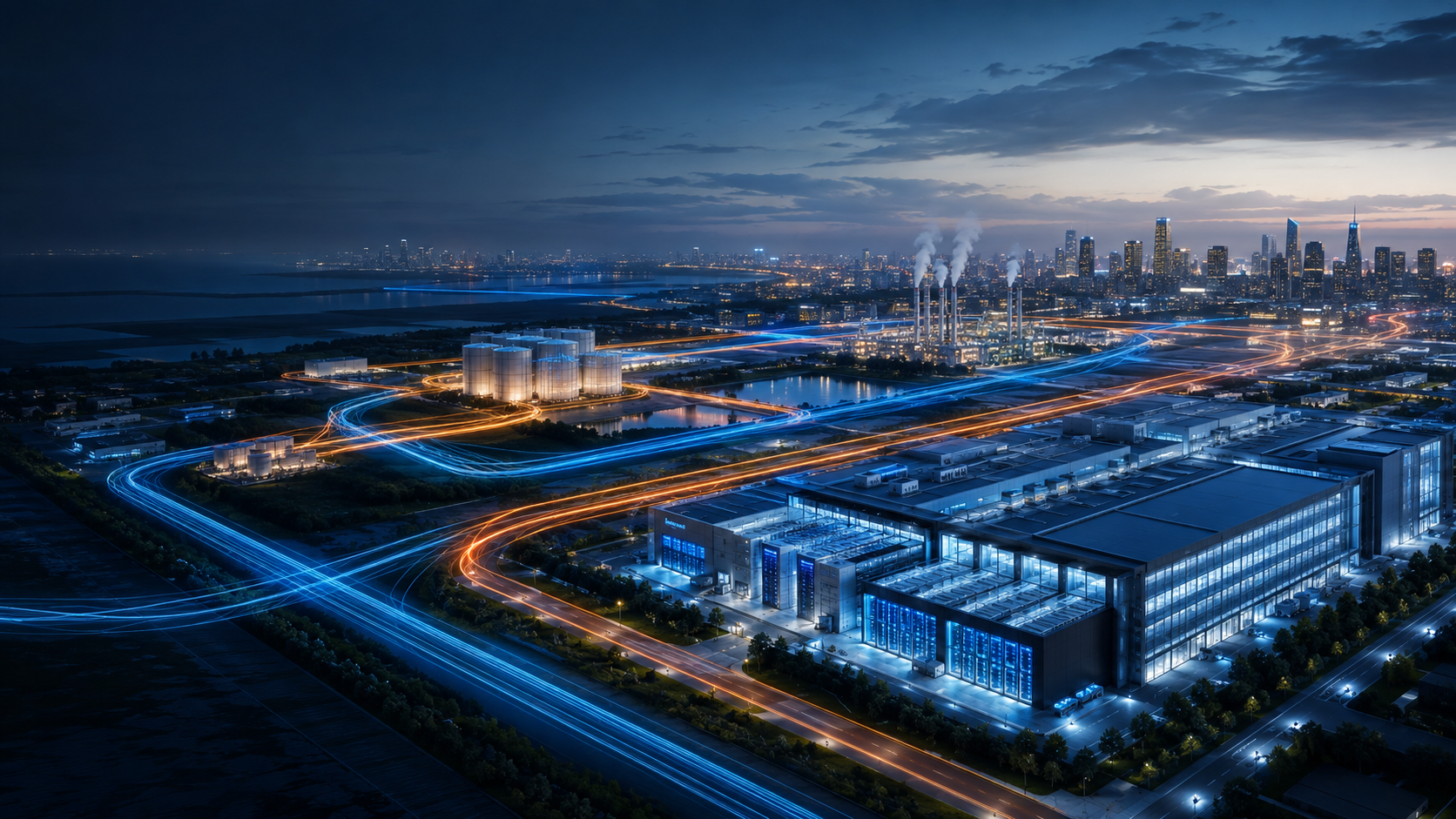 Conceptual thermal-energy infrastructure network linking data-center, industrial, and urban energy systems